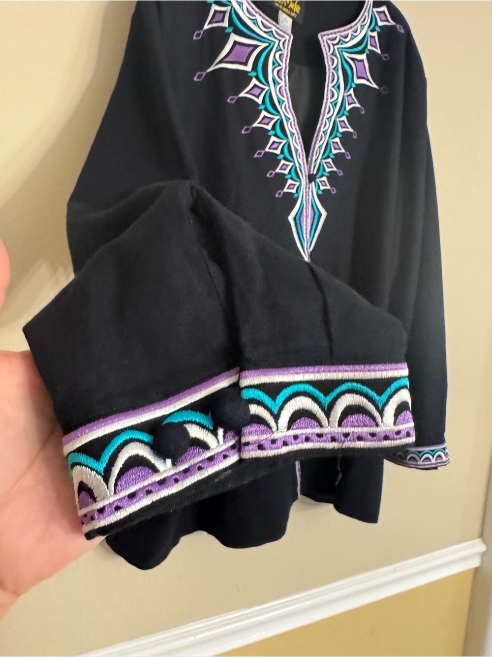 Bob Mackie Wearable Art Womens Plus Size 3X Embroidered Jacket Linen Black Blue - Picture 10 of 16